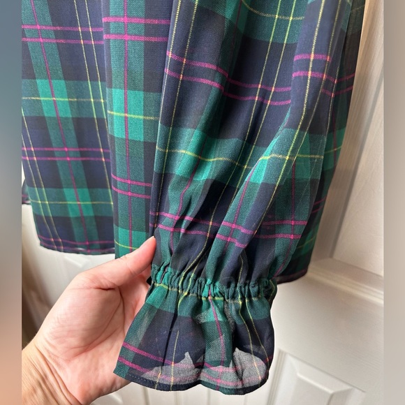 TALBOTS Petite Plaid Popover Blouse Top Shirt Tartan Flowy Green Black Pink - Picture 9 of 14